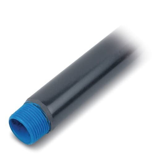 PVC Coated Conduit, Pipe Size 1-1/4 Inch/35 Metric, Outside Diameter with PVC 1.74 Inch/44.10 Millimeters, Nominal Wall Thickness with PVC .17 Inch/4.39 Millimeters, Length without Couplings 9 Feet 11 Inch/3.02 Meters, Hot-dip Galvanized Steel, Light Blue